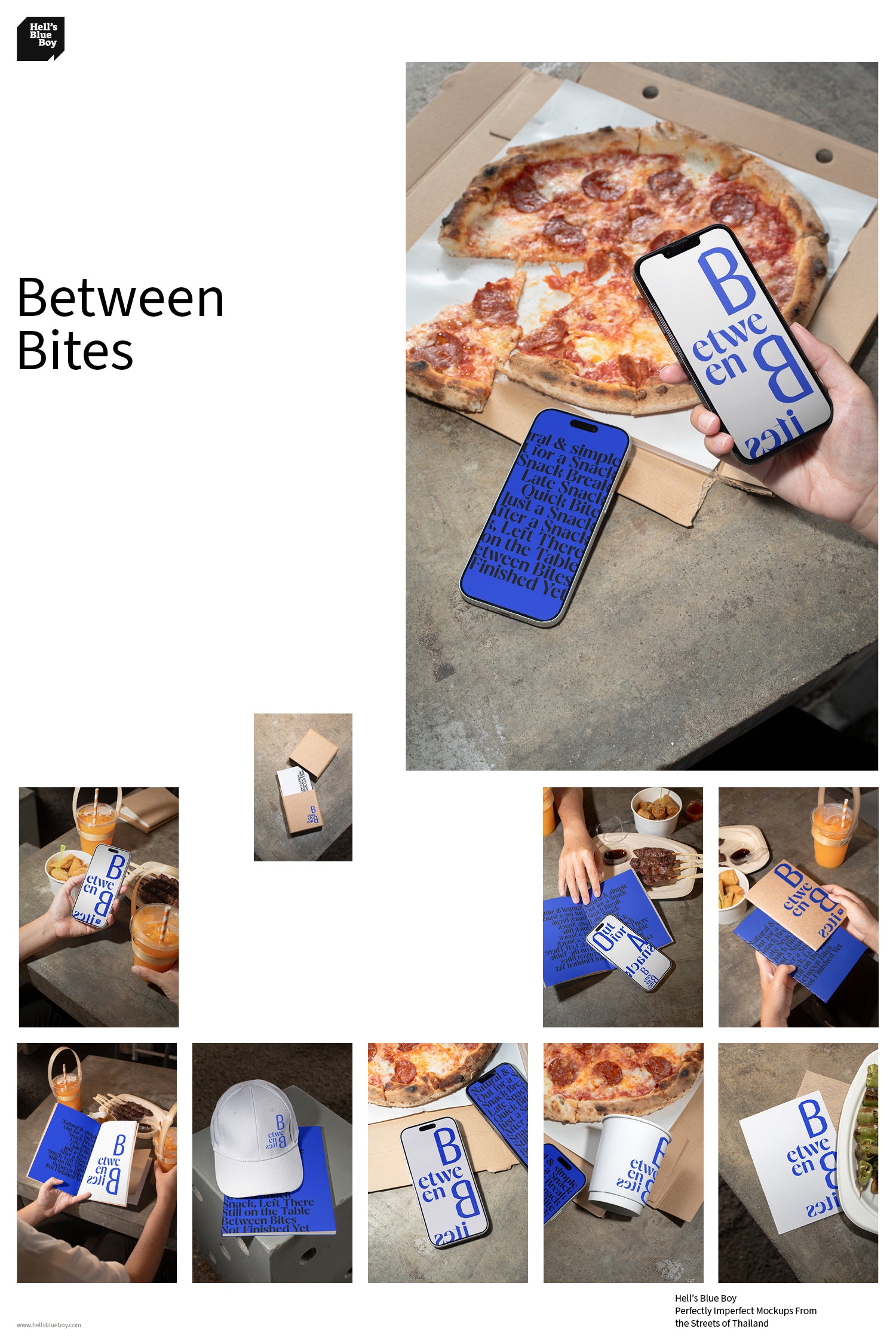 Between Bites Collection – a collection of 10 mockups shot at a food market in Thailand after dark — placed on raw concrete dining tables.