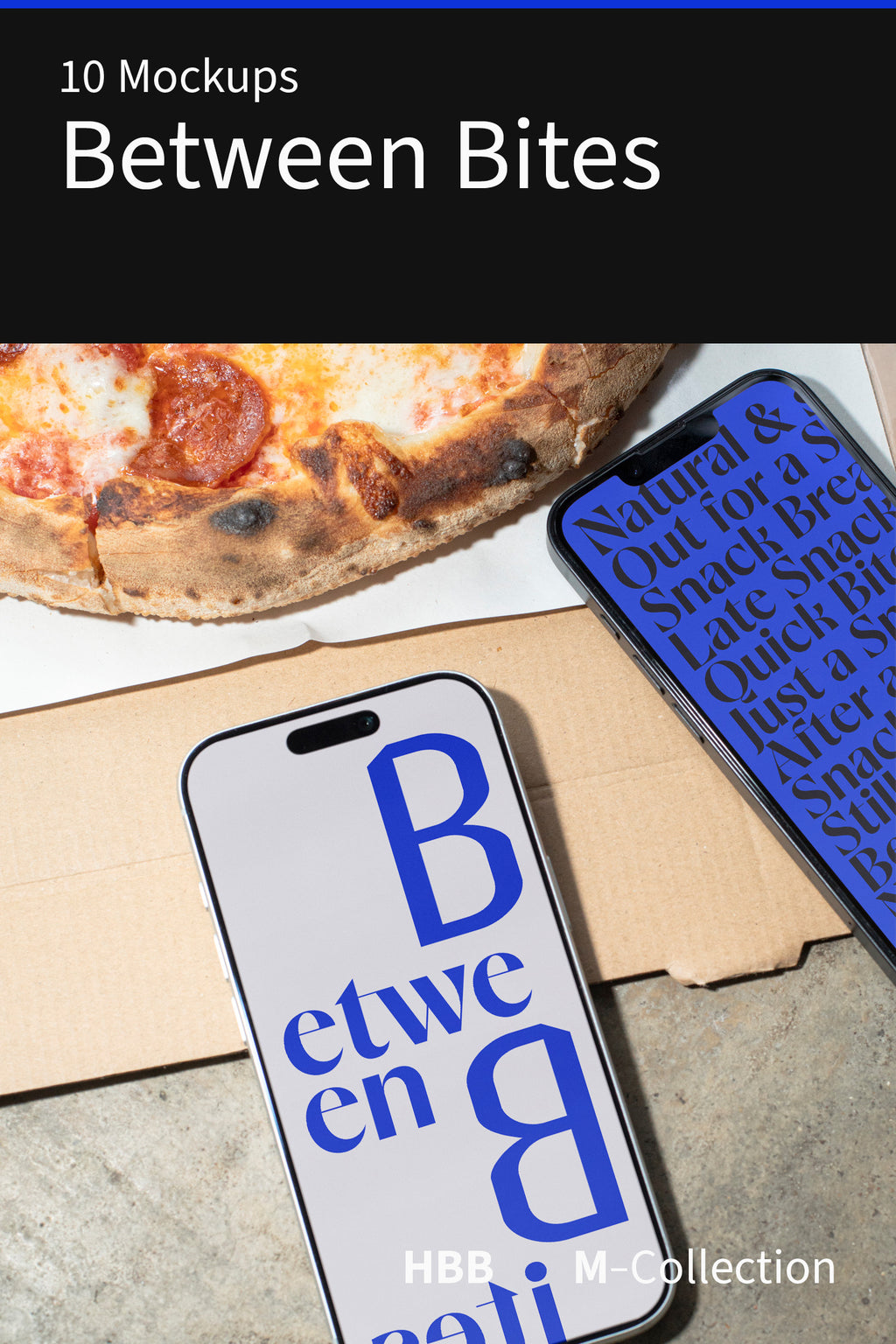 Between Bites Collection – a collection of 10 mockups shot at a food market in Thailand after dark — placed on raw concrete dining tables.