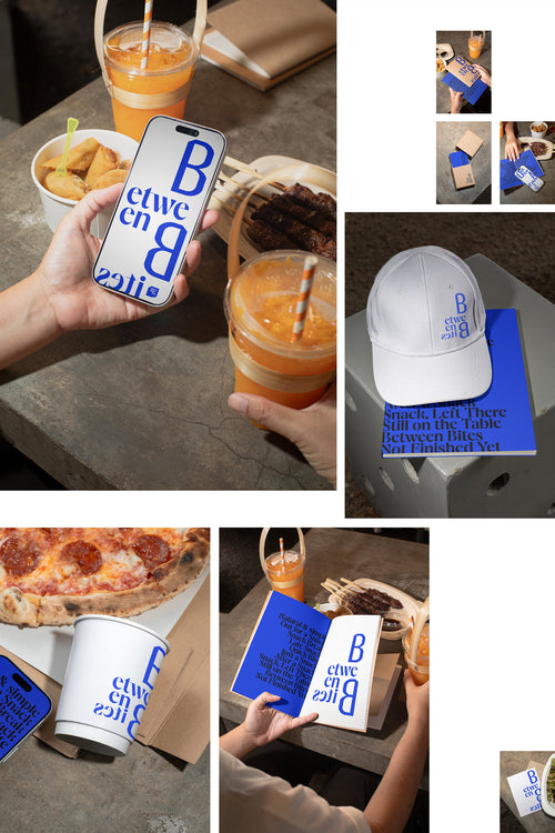 Between Bites Collection – a collection of 10 mockups shot at a food market in Thailand after dark — placed on raw concrete dining tables.