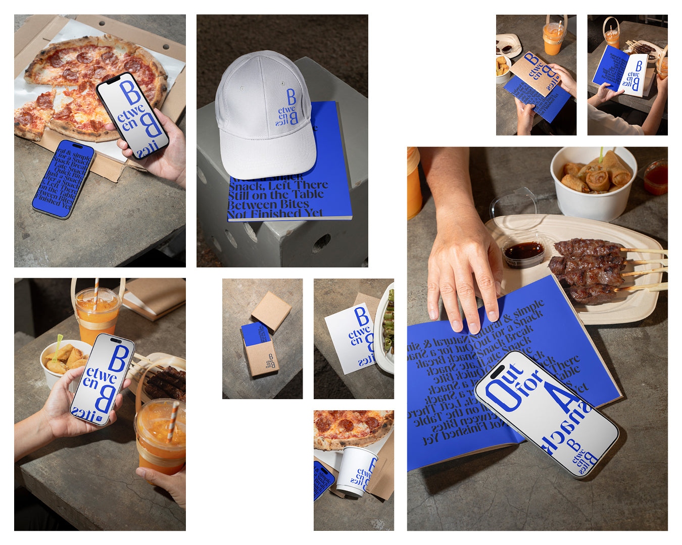 Between Bites Collection – a collection of 10 mockups shot at a food market in Thailand after dark — placed on raw concrete dining tables.