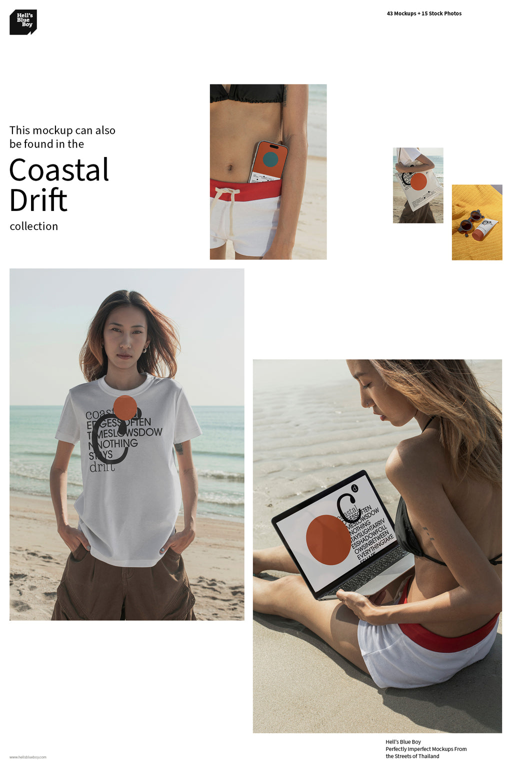Coastal Drift — alongside 43 mockups, the collection also includes 15 stock photos, capturing beach life and the slow rhythm of Thailand. Coastal Drift works across fashion, lifestyle, packaging, and editorial projects.
