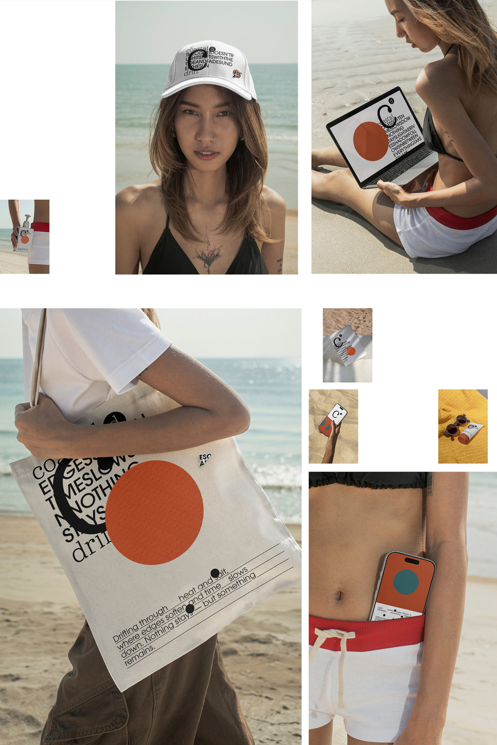 Coastal Drift features 43 beach PSD mockups and 15 stock photos from Hua Hin, Thailand for apparel, branding, packaging, editorial, and lifestyle projects.
