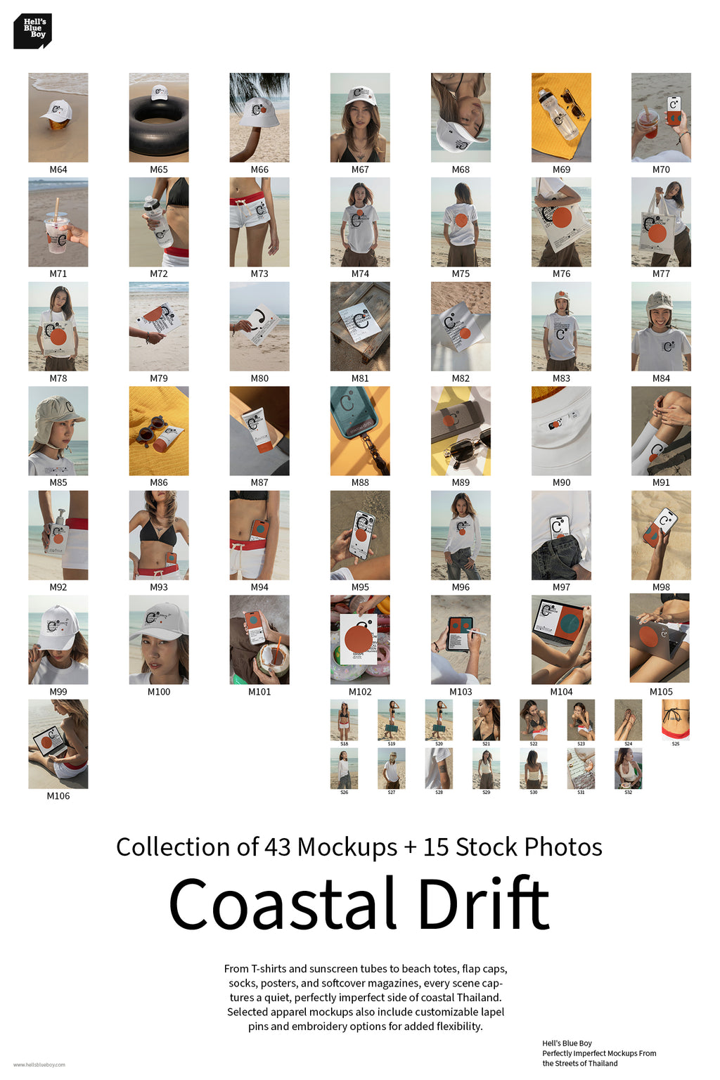 Coastal Drift features 43 beach PSD mockups and 15 stock photos from Hua Hin, Thailand for apparel, branding, packaging, editorial, and lifestyle projects.