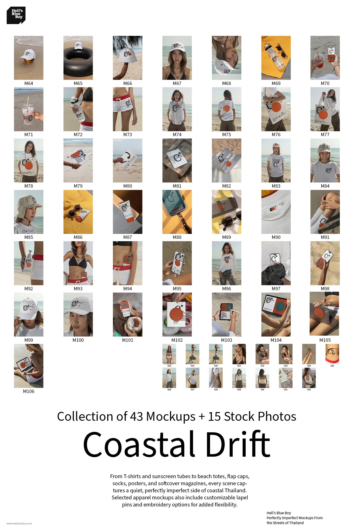 Coastal Drift features 43 beach PSD mockups and 15 stock photos from Hua Hin, Thailand for apparel, branding, packaging, editorial, and lifestyle projects.