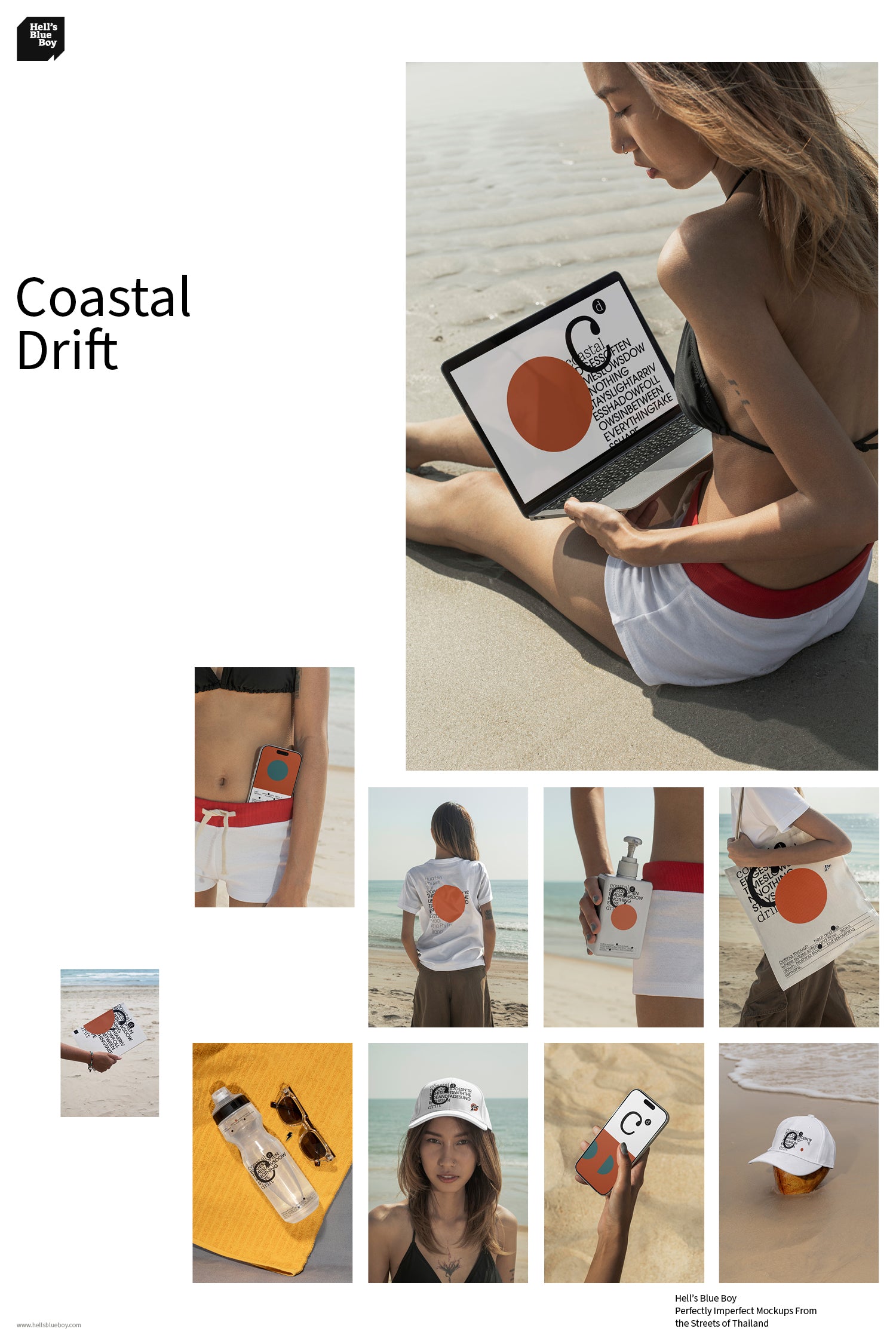 Coastal Drift features 43 beach PSD mockups and 15 stock photos from Hua Hin, Thailand for apparel, branding, packaging, editorial, and lifestyle projects.