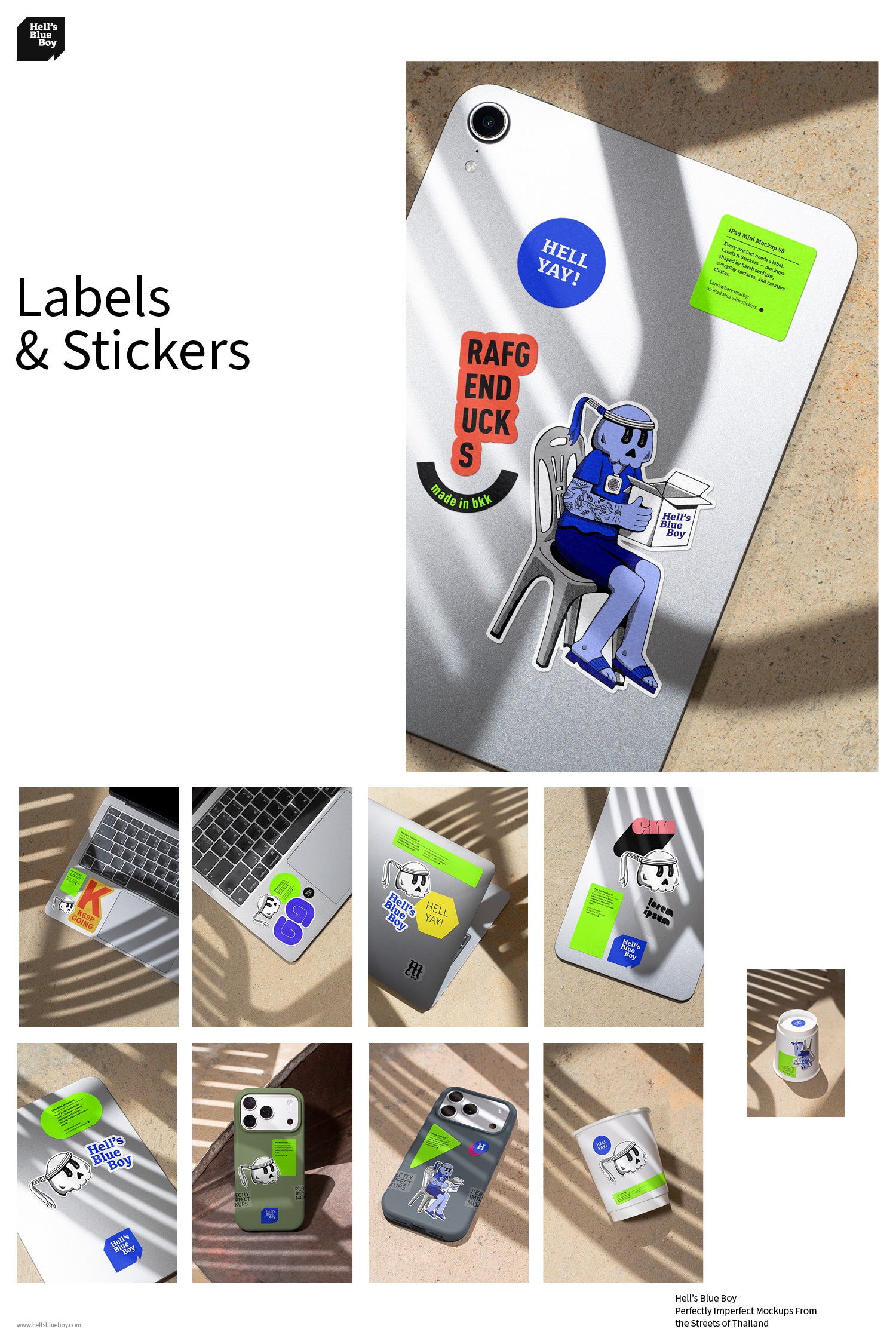 Labels & Stickers – Collection. Mockups shaped by harsh sunlight, with labels and stickers placed directly onto everyday surfaces.
