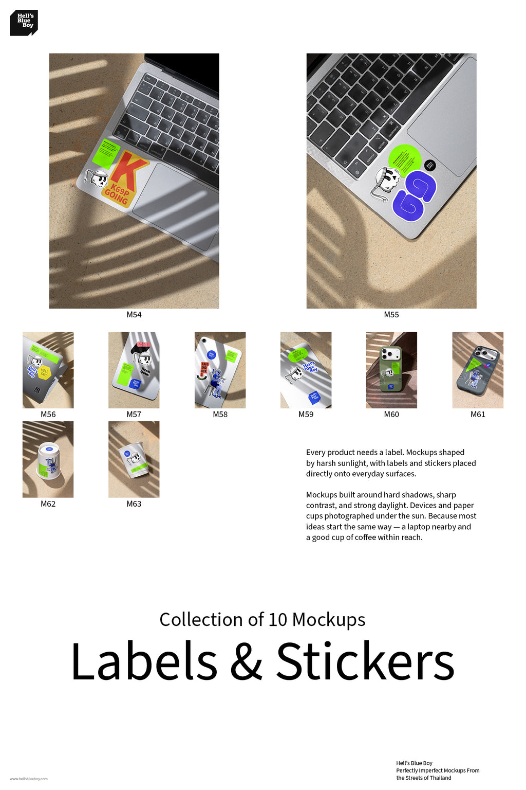 Labels & Stickers – Collection. Mockups shaped by harsh sunlight, with labels and stickers placed directly onto everyday surfaces.