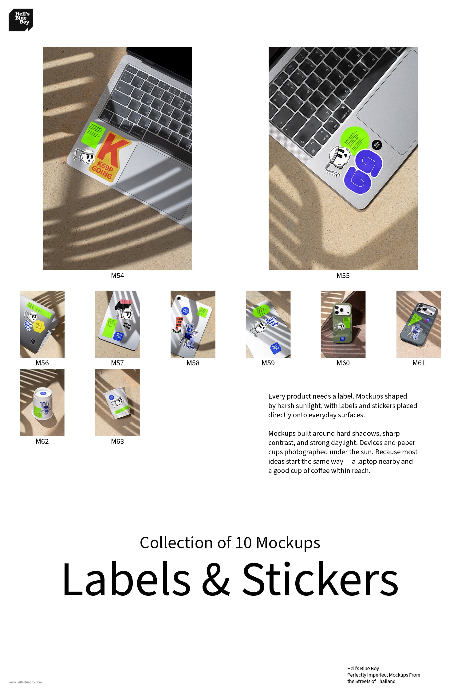 Labels & Stickers – Collection. Mockups shaped by harsh sunlight, with labels and stickers placed directly onto everyday surfaces.