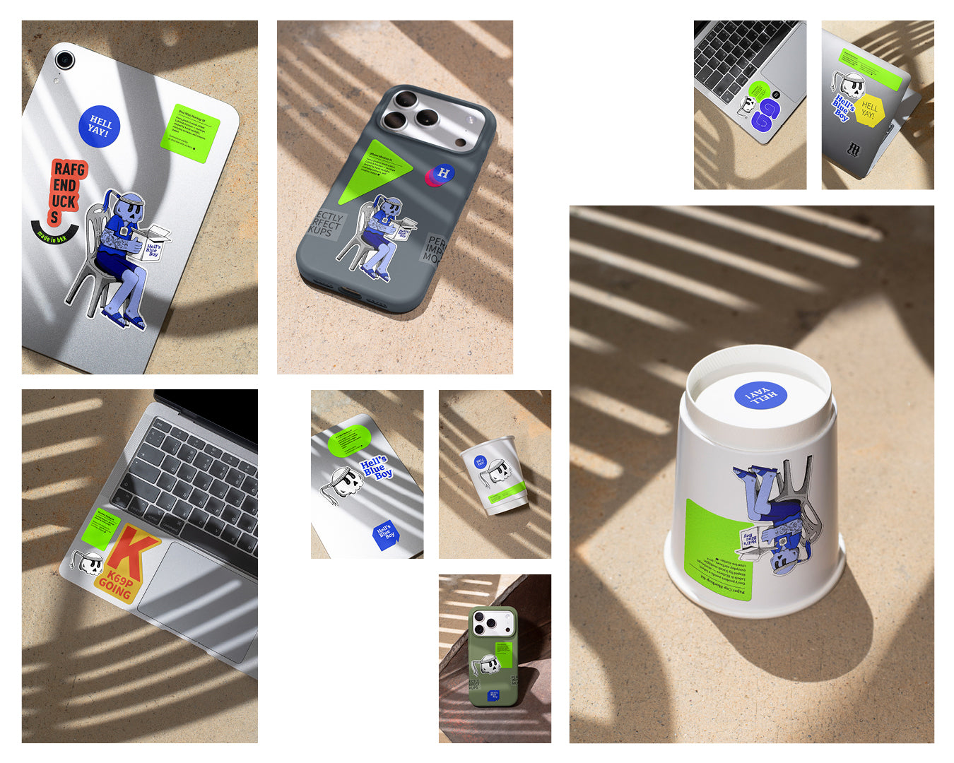Labels & Stickers – Collection. Mockups shaped by harsh sunlight, with labels and stickers placed directly onto everyday surfaces.