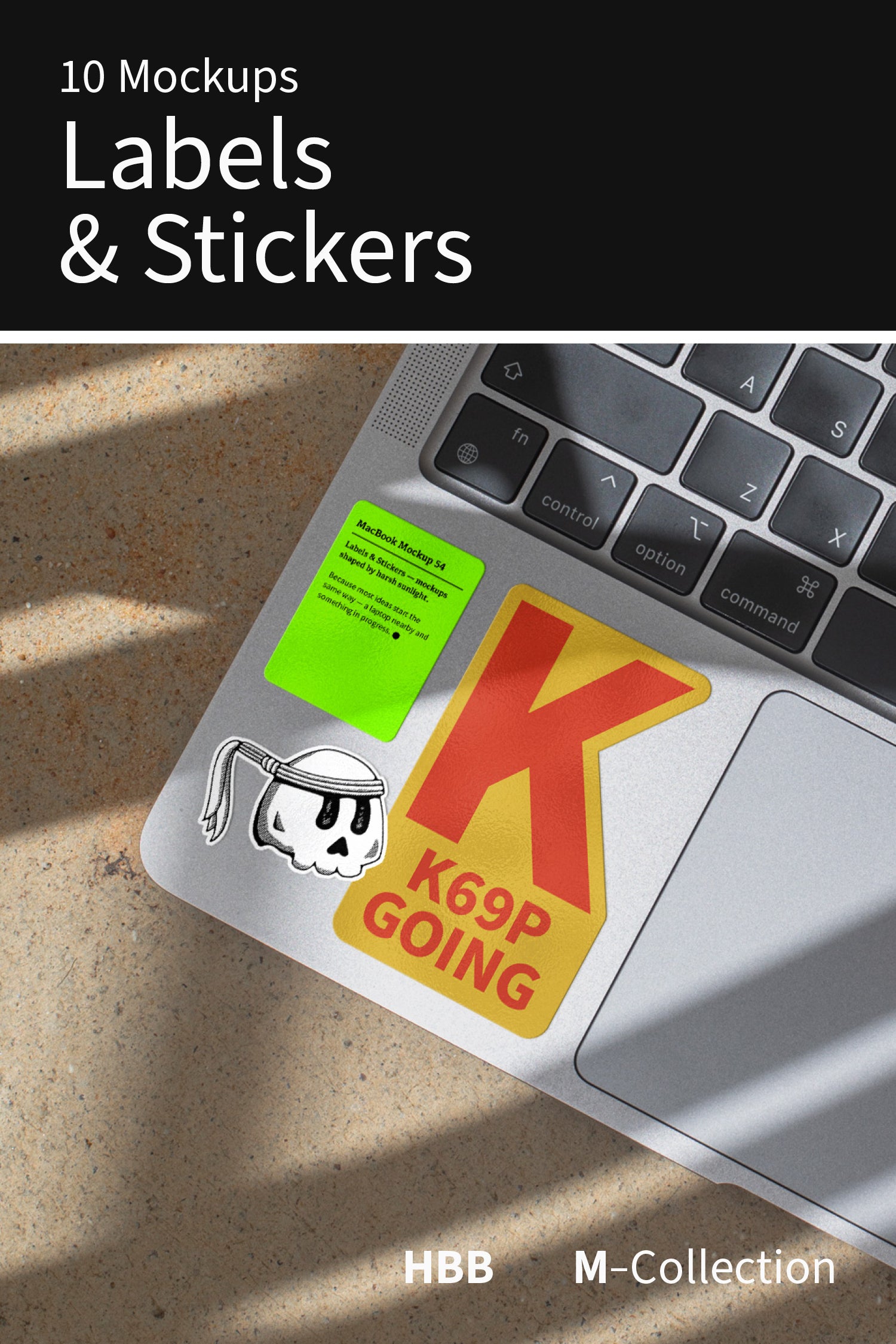 Labels & Stickers – Collection. Mockups shaped by harsh sunlight, with labels and stickers placed directly onto everyday surfaces.