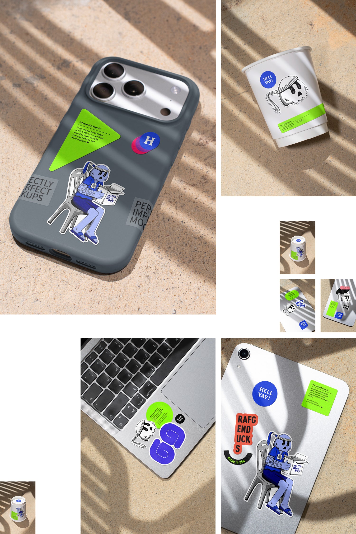 Labels & Stickers – Collection. Mockups shaped by harsh sunlight, with labels and stickers placed directly onto everyday surfaces.