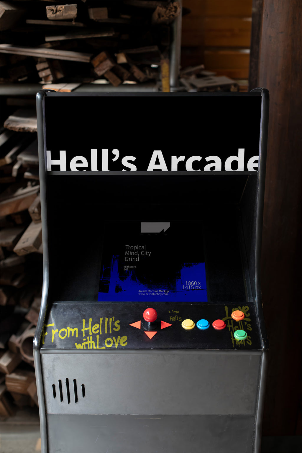 80s-inspired arcade machine mockup set inside a room.