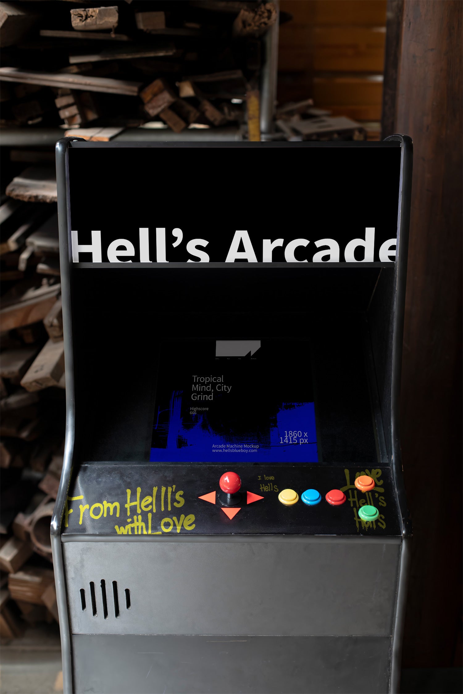 80s-inspired arcade machine mockup set inside a room.