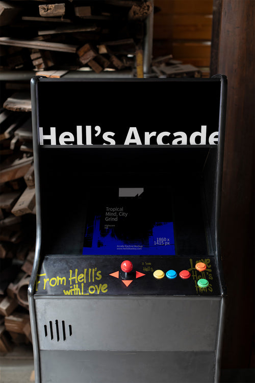 80s-inspired arcade machine mockup set inside a room.