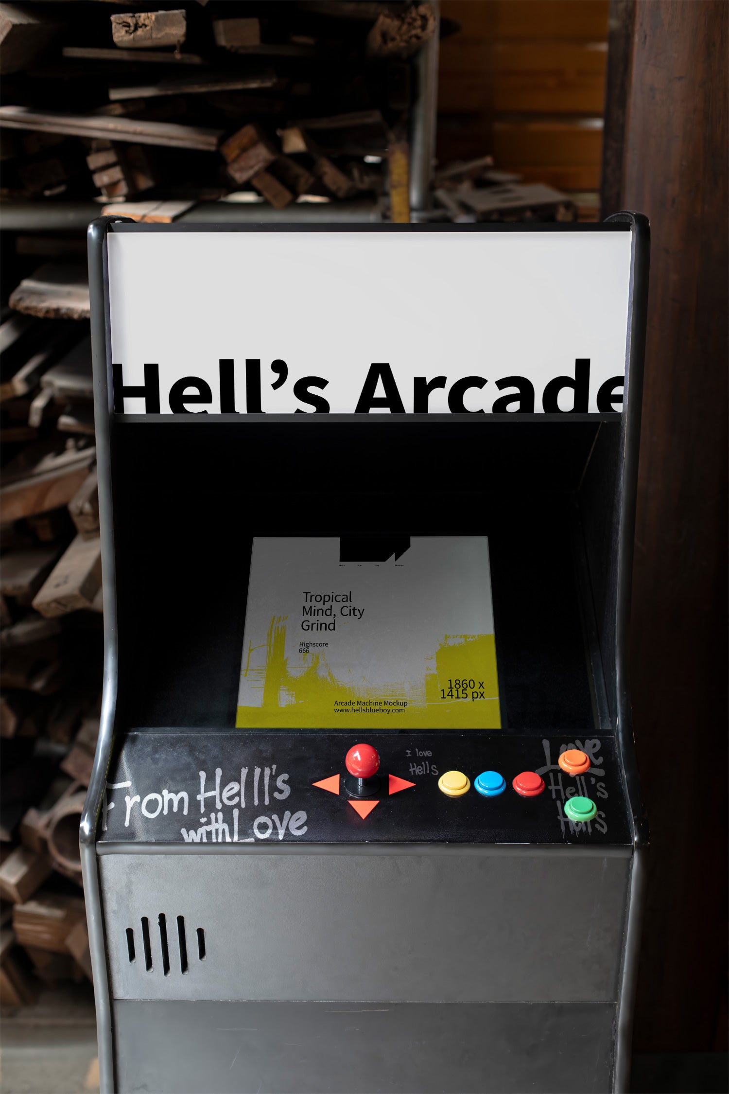 80s-inspired arcade machine mockup set inside a room.