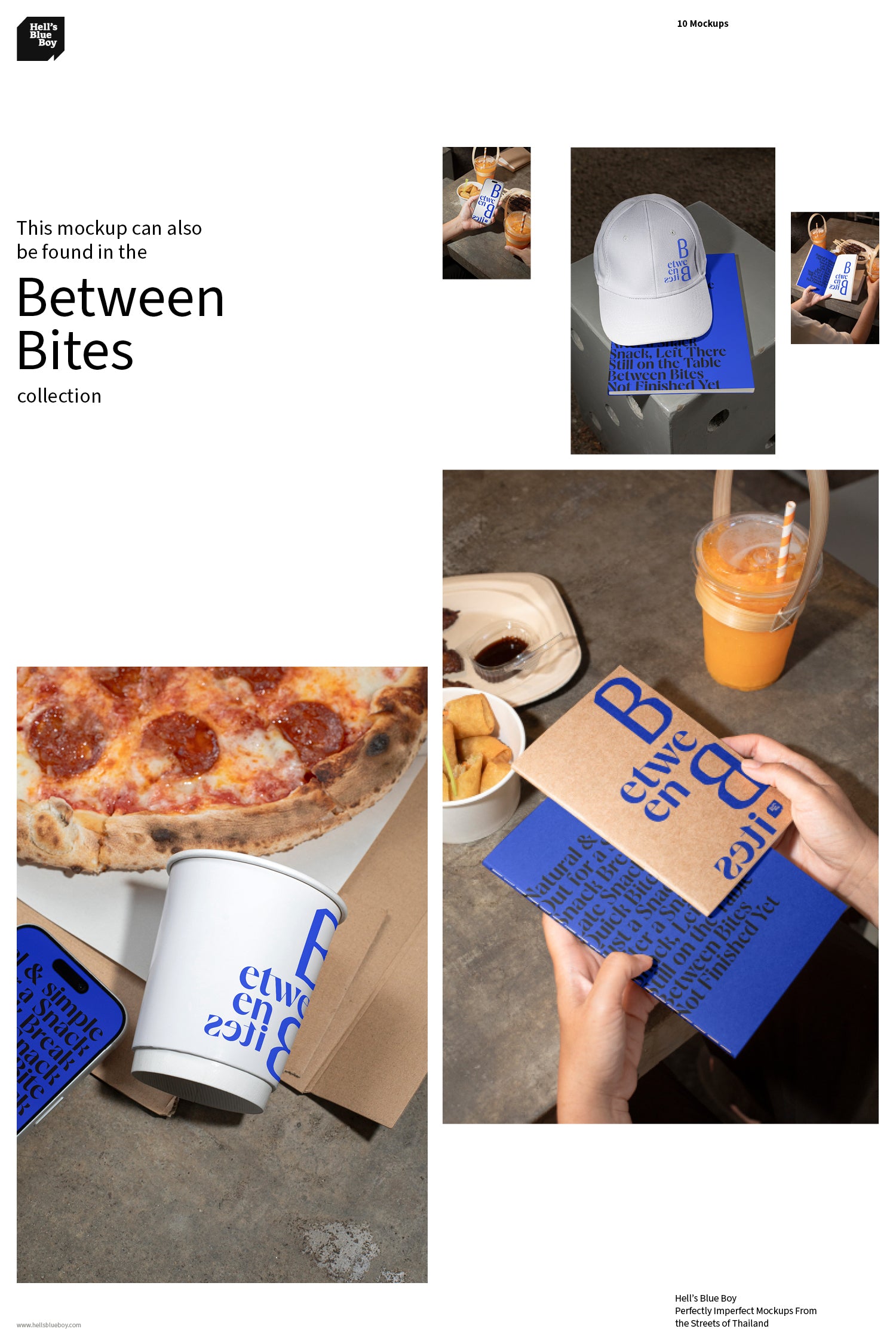 Between Bites is a collection of 10 mockups shot at a food market in Thailand after dark — placed on raw concrete dining tables.
