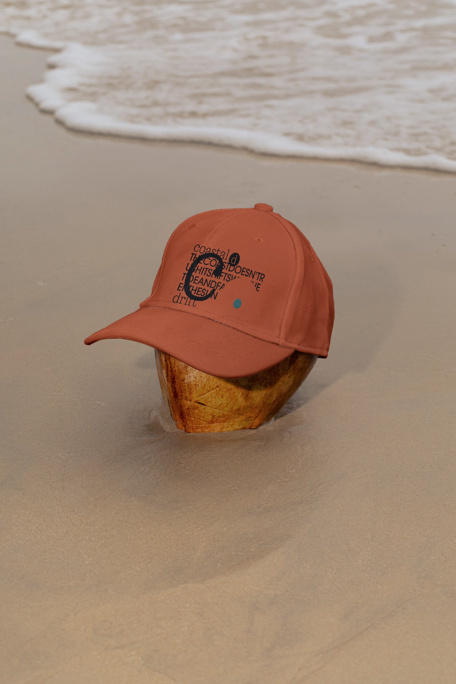 Cap mockup placed on a coconut at the beach in Hua Hin, Thailand. Built for showcasing fashion, lifestyle, branding, and editorial concepts.