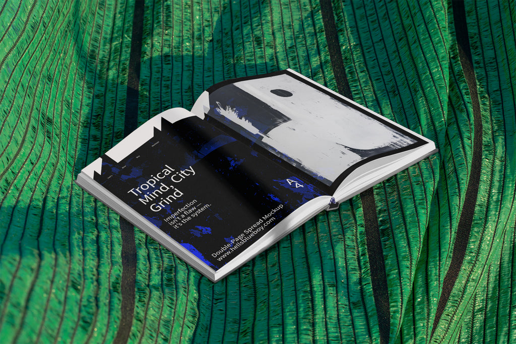 Hardcover book double-page spread mockup set against a green mesh plastic background used for outdoor shading in Thailand. Ideal for editorial layouts.