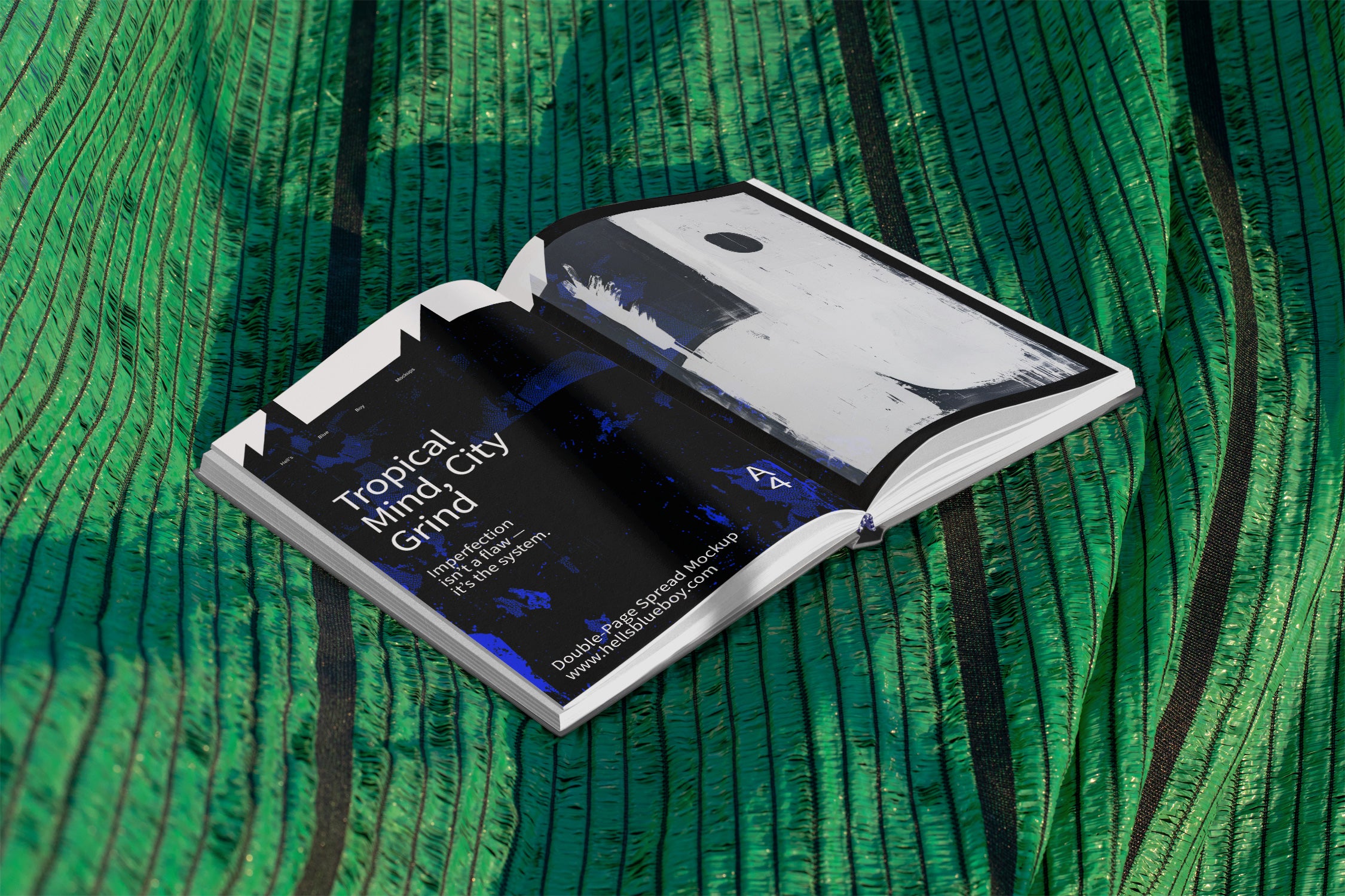 Hardcover book double-page spread mockup set against a green mesh plastic background used for outdoor shading in Thailand. Ideal for editorial layouts.