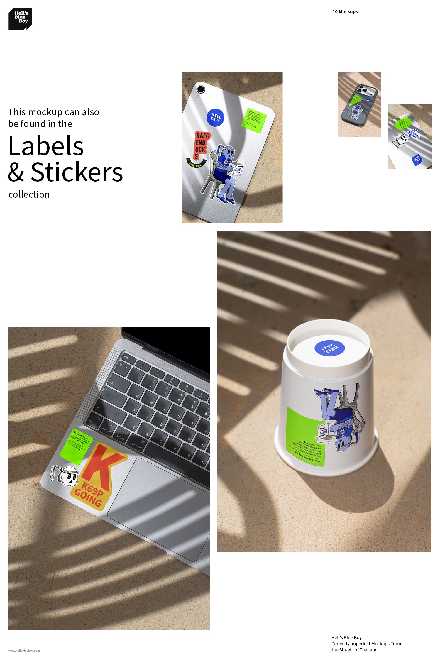 Labels & Stickers – Collection. Mockups shaped by harsh sunlight, with labels and stickers placed directly onto everyday surfaces.