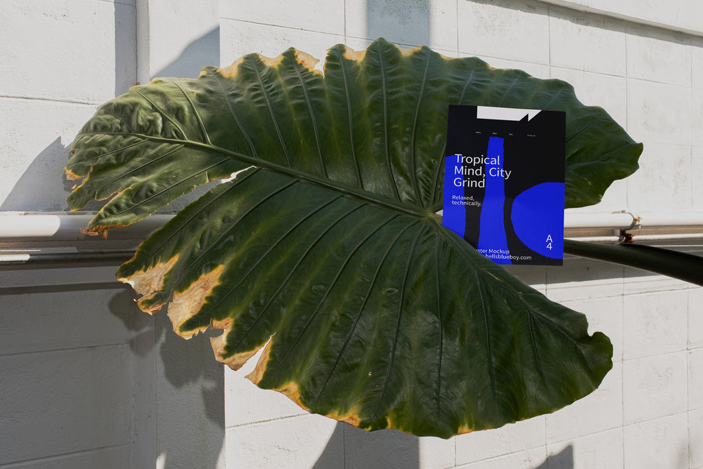 Outdoor poster mockup placed between large elephant ear leaves.