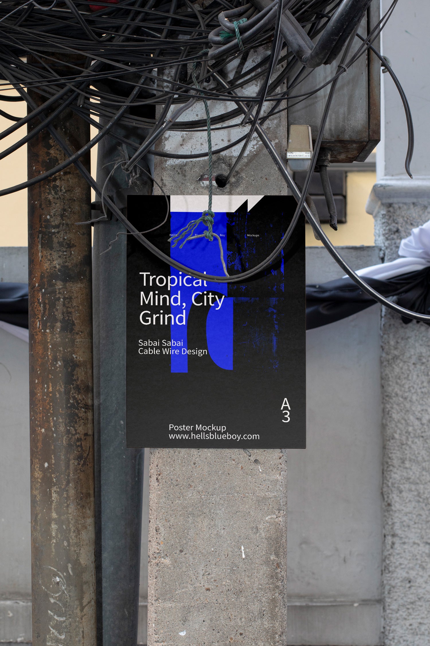 Poster mockup with cable wires hanging from top.
