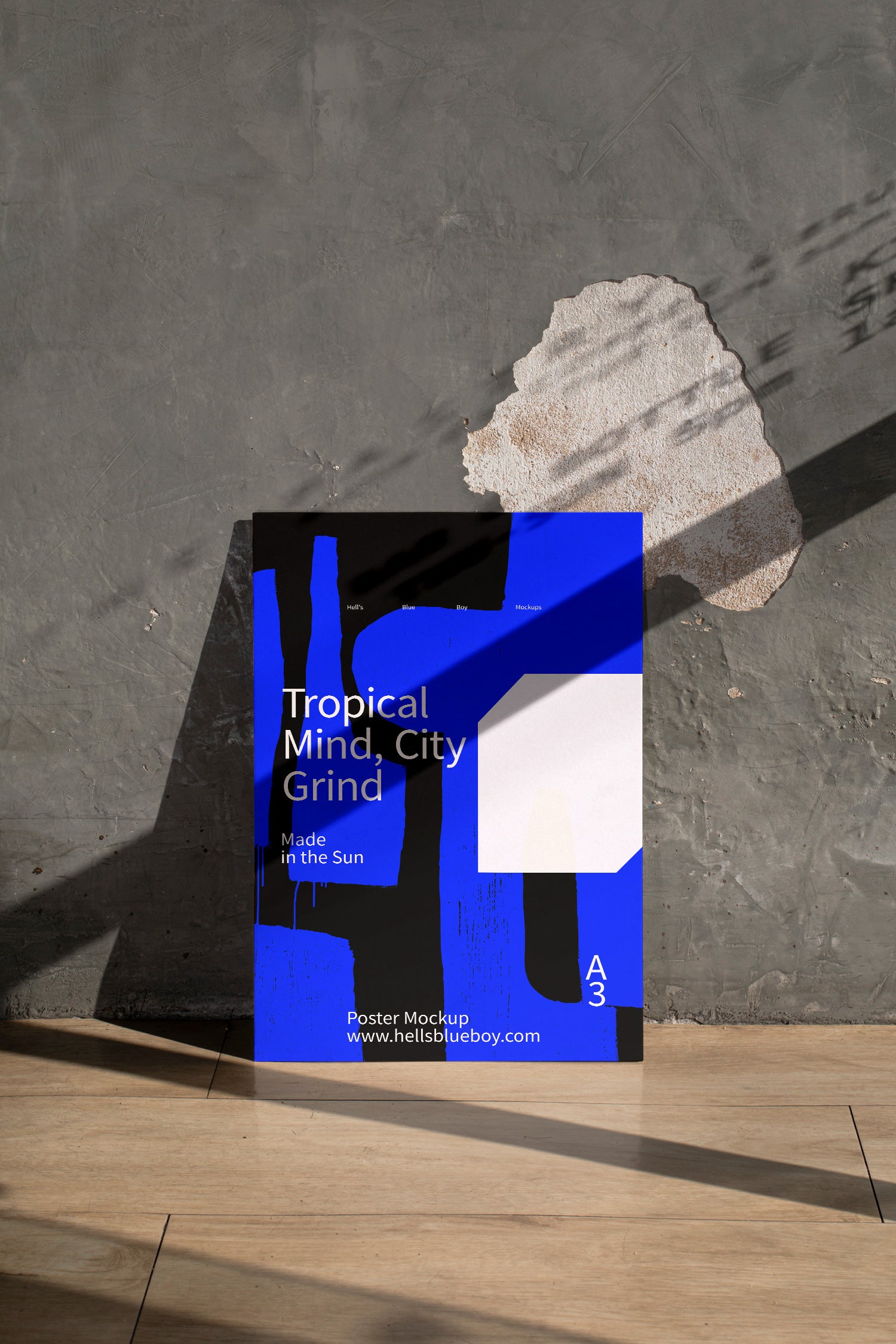 Photorealistic poster mockup leaning against a worn concrete wall with natural shadow play.