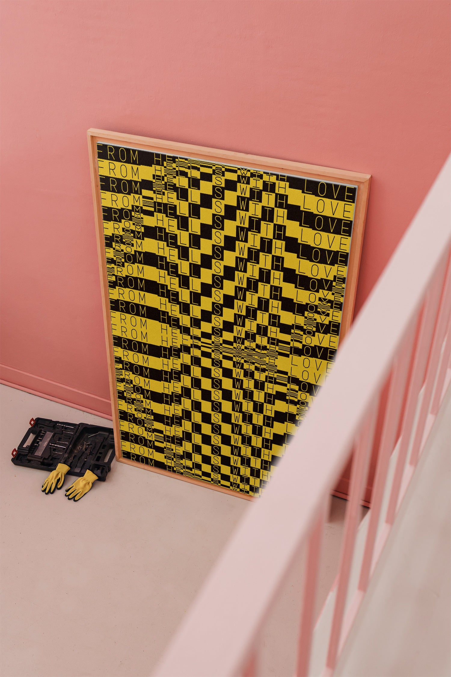 Large format canvas and poster mockup with a wooden frame, leaning against a wall and styled with a toolbox and gloves.