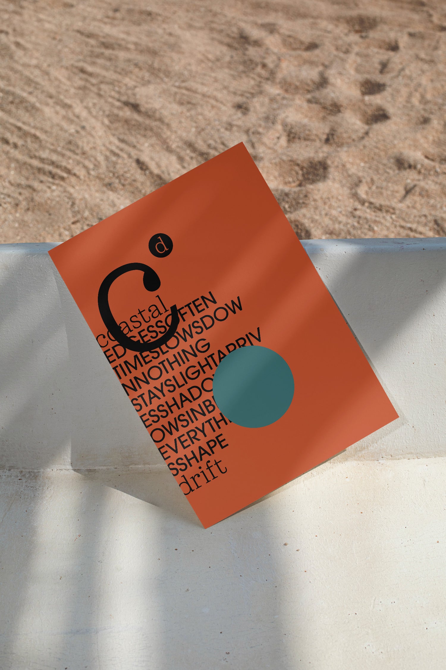 Poster mockup resting on bench against a sandy beach backdrop. Built for showcasing posters, editorial layouts, typography, branding, and print concepts.