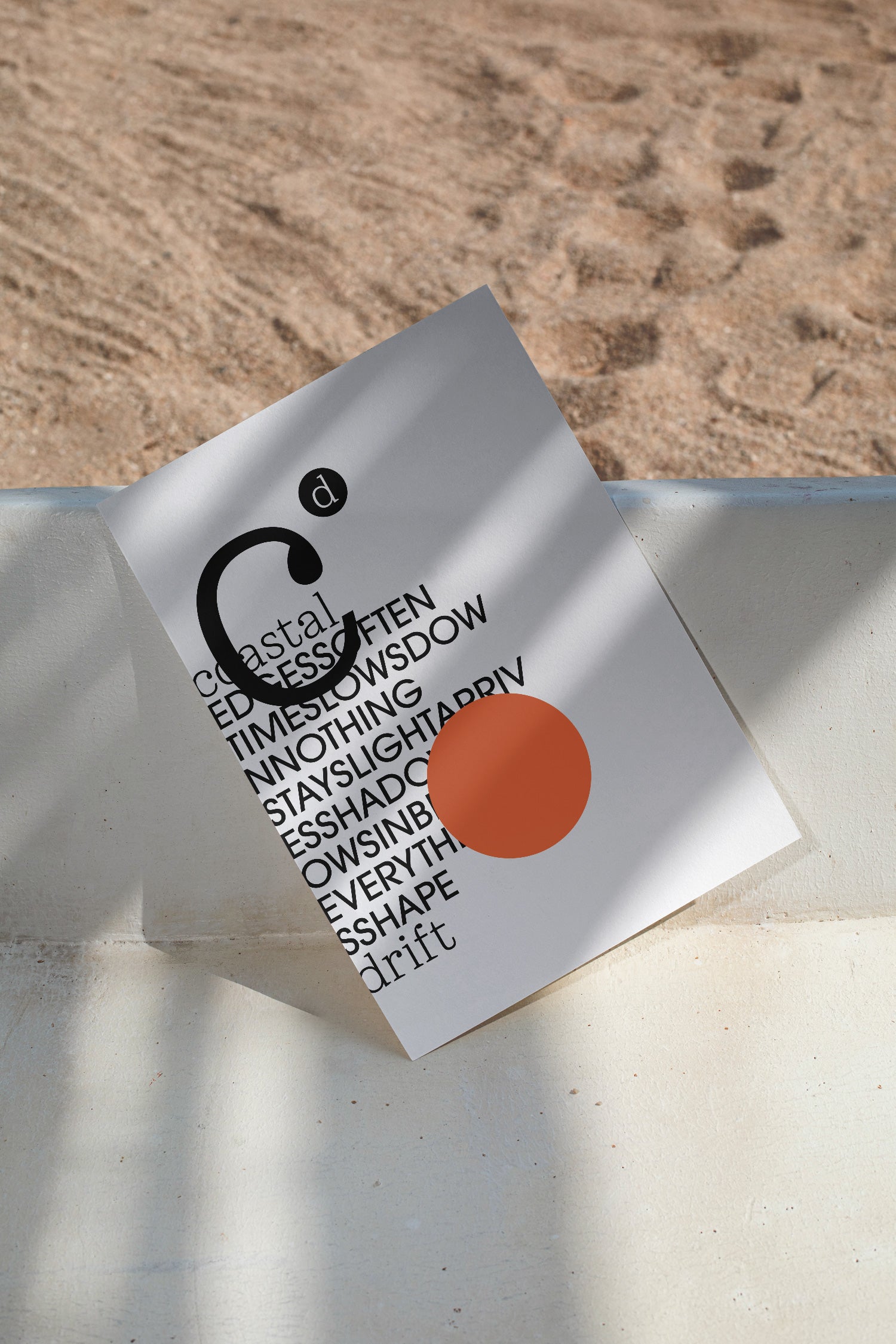 Poster mockup resting on bench against a sandy beach backdrop. Built for showcasing posters, editorial layouts, typography, branding, and print concepts.
