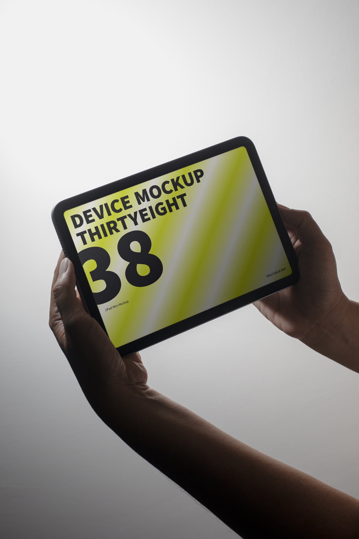 iPad Mini mockup held in hand against a light background.