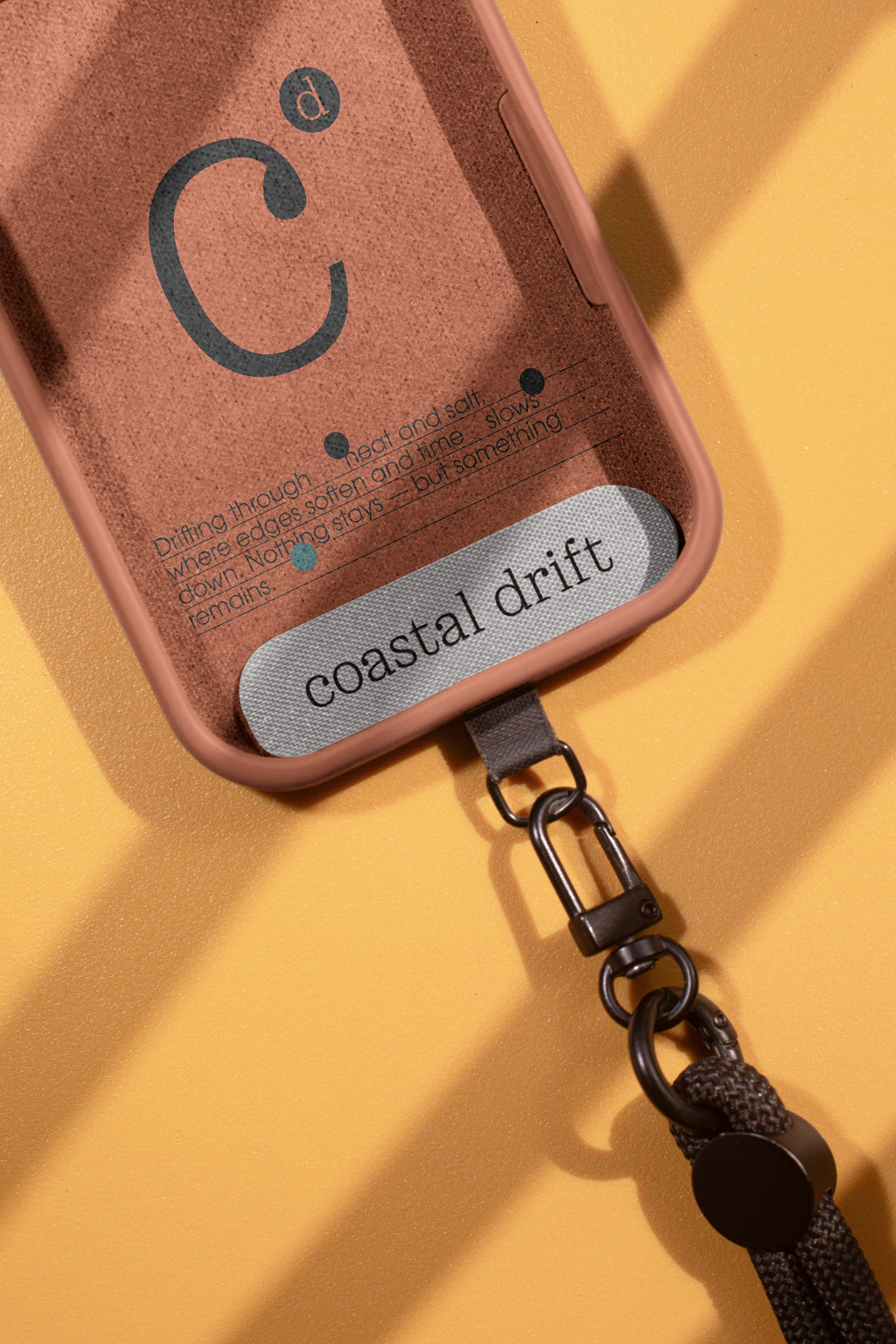 iPhone case mockup showing the interior with an attached lanyard. Designed for presenting accessory branding, case graphics, and product identities.