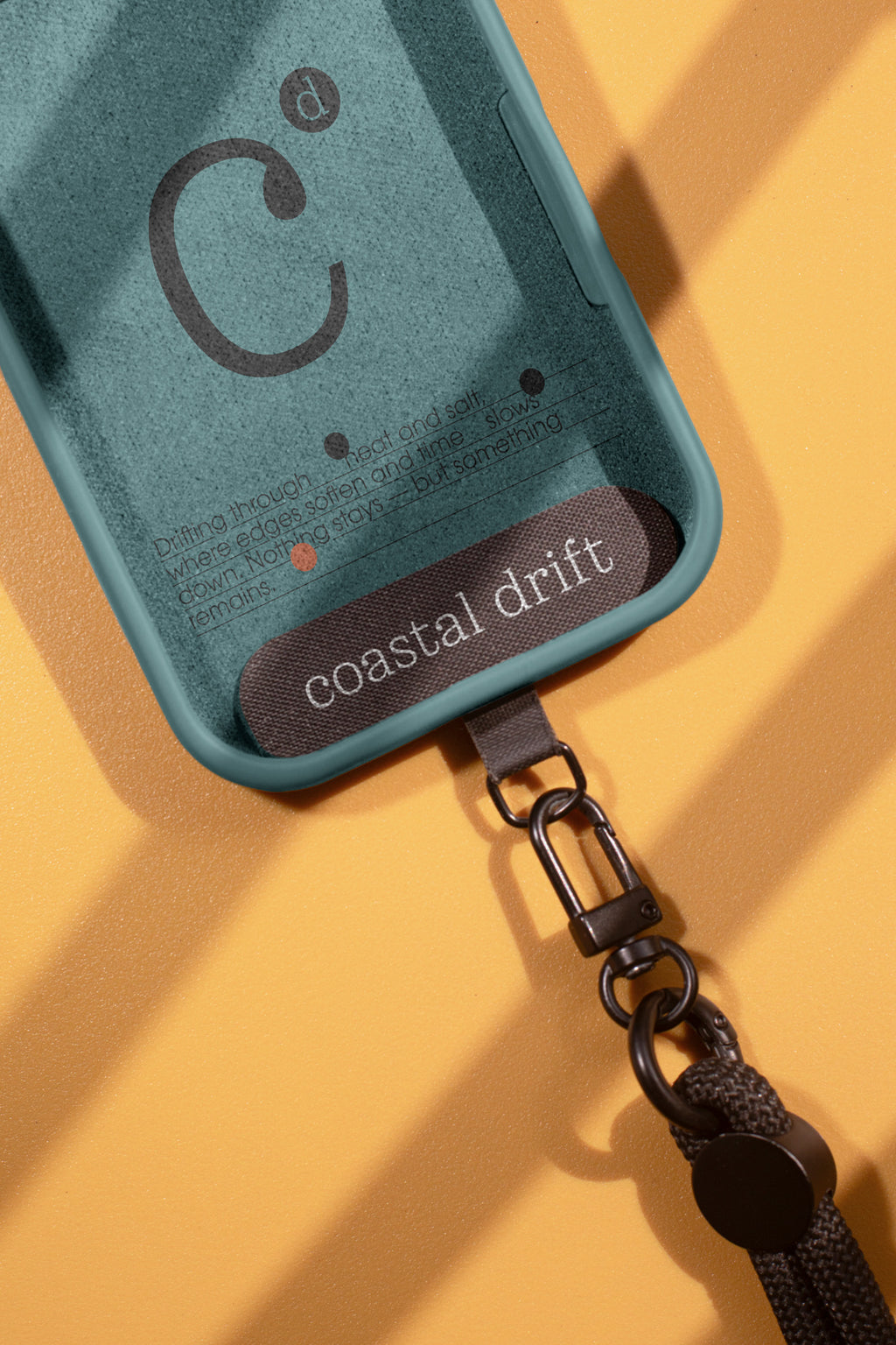 iPhone case mockup showing the interior with an attached lanyard. Designed for presenting accessory branding, case graphics, and product identities.