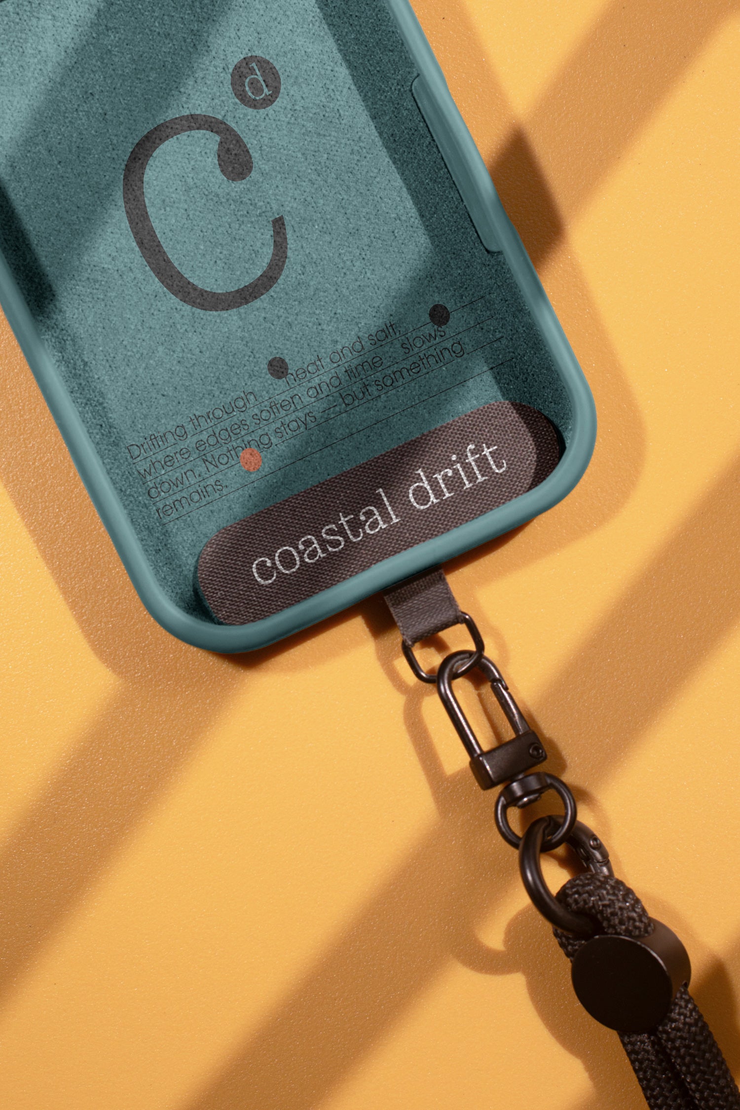 iPhone case mockup showing the interior with an attached lanyard. Designed for presenting accessory branding, case graphics, and product identities.