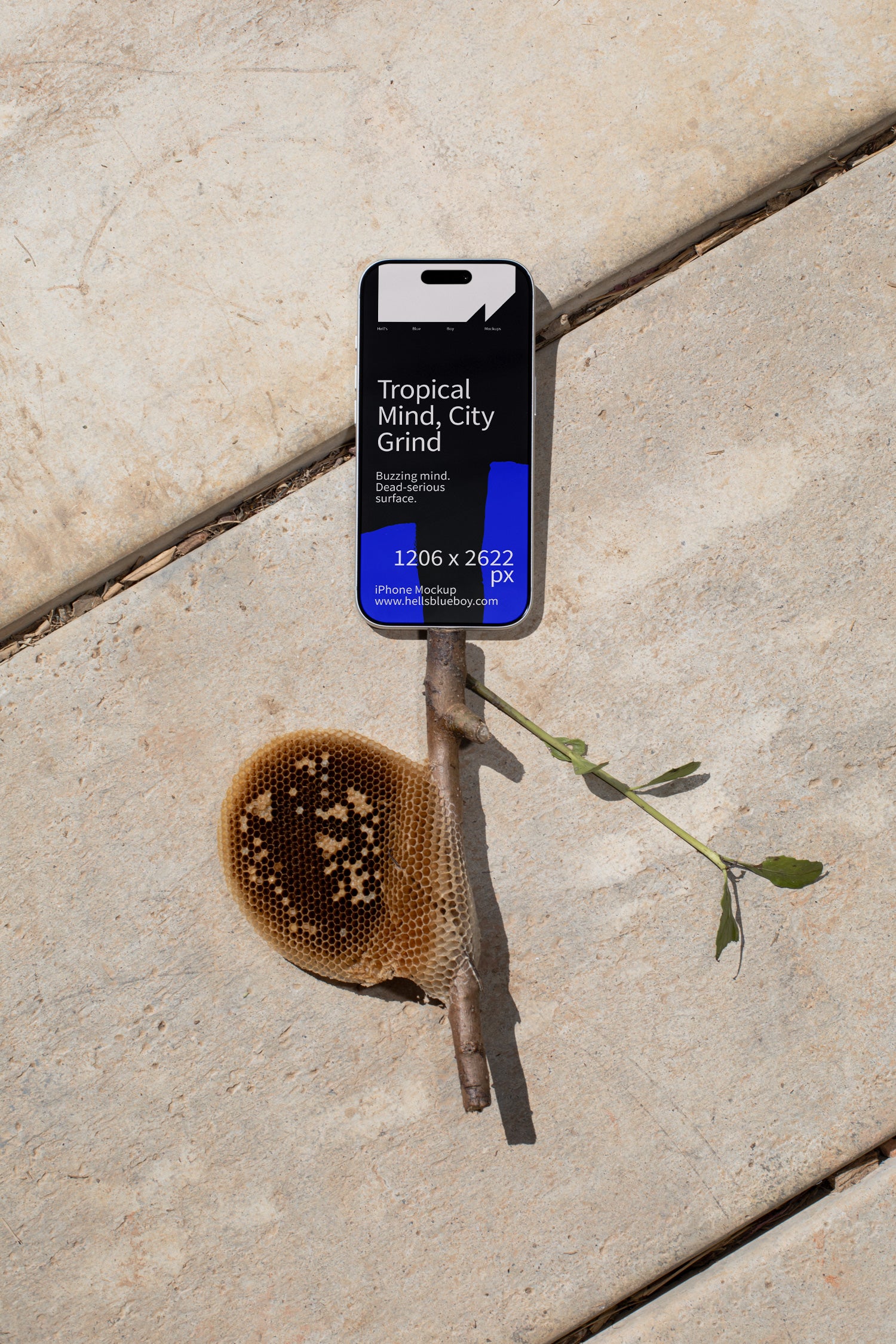 iPhone mockup lying on concrete plates with a wooden stick and honeycomb.