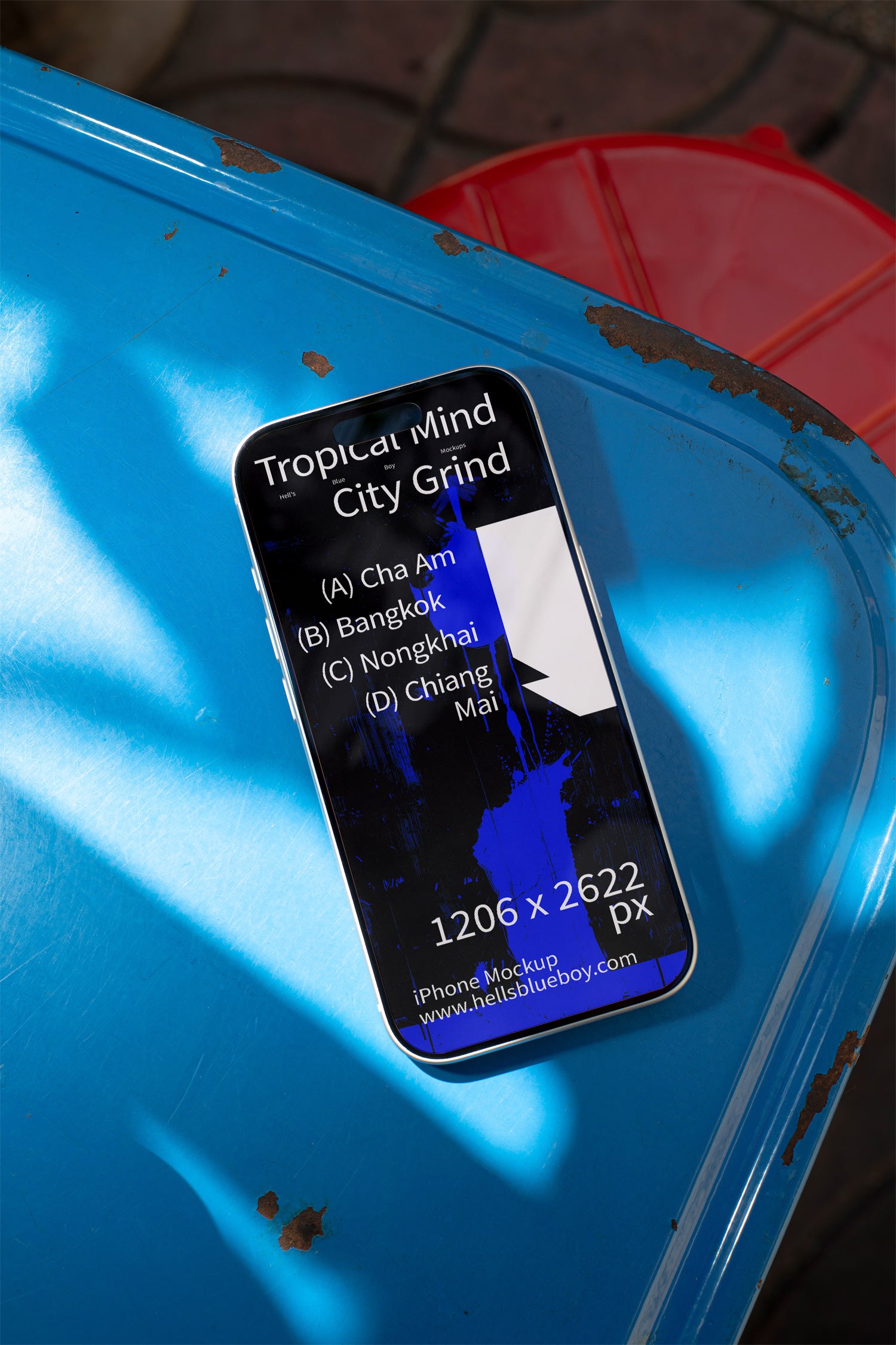 iPhone mockup placed on a blue metal chair.