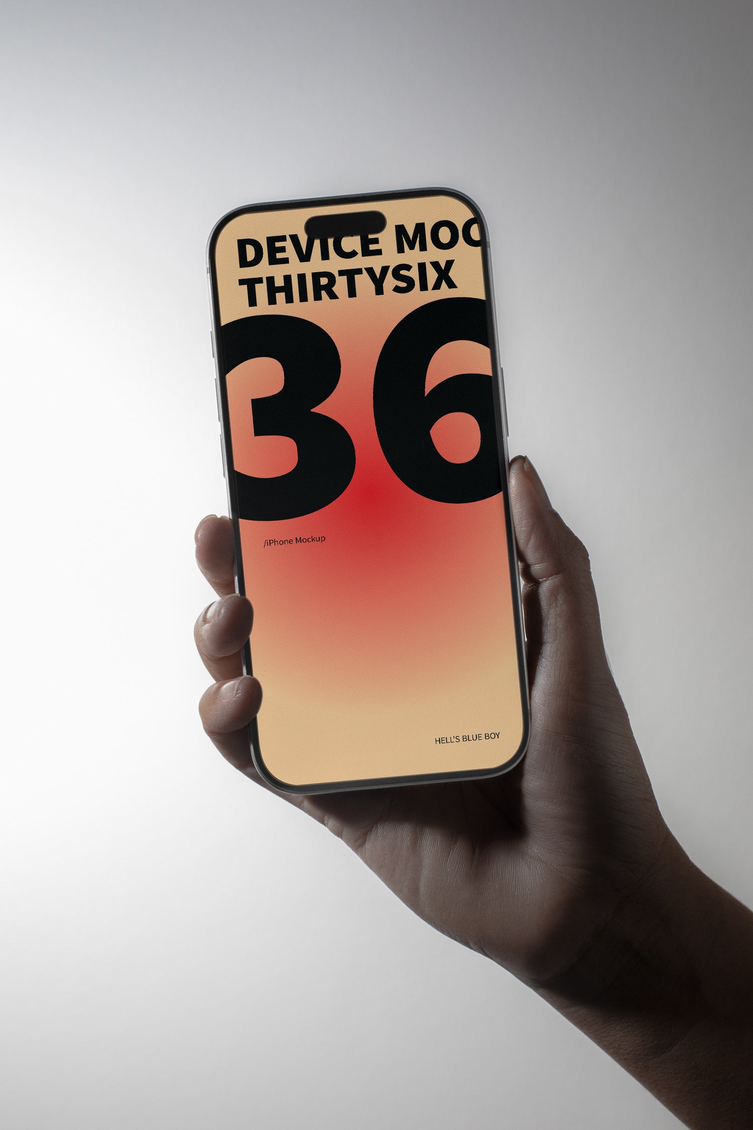 iPhone mockup held in hand against a light background.
