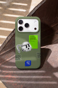 iPhone mockup captured in hard daylight, with labels and stickers applied directly to the case.