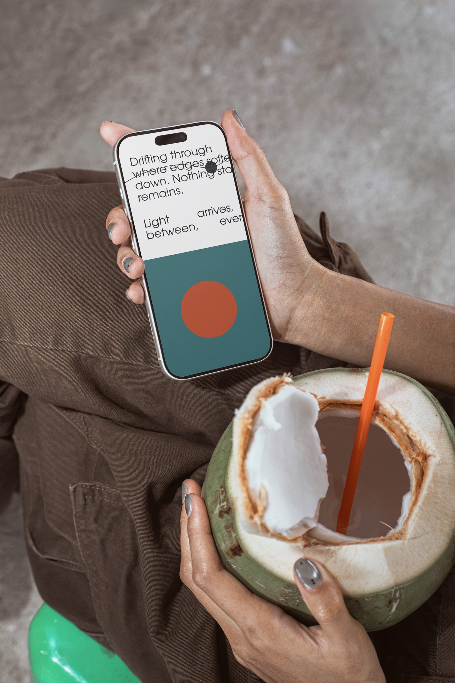 iPhone mockup held by hand while enjoying a fresh coconut. Built for showcasing app interfaces, branding, wallpapers, social media concepts, and digital presentations.
