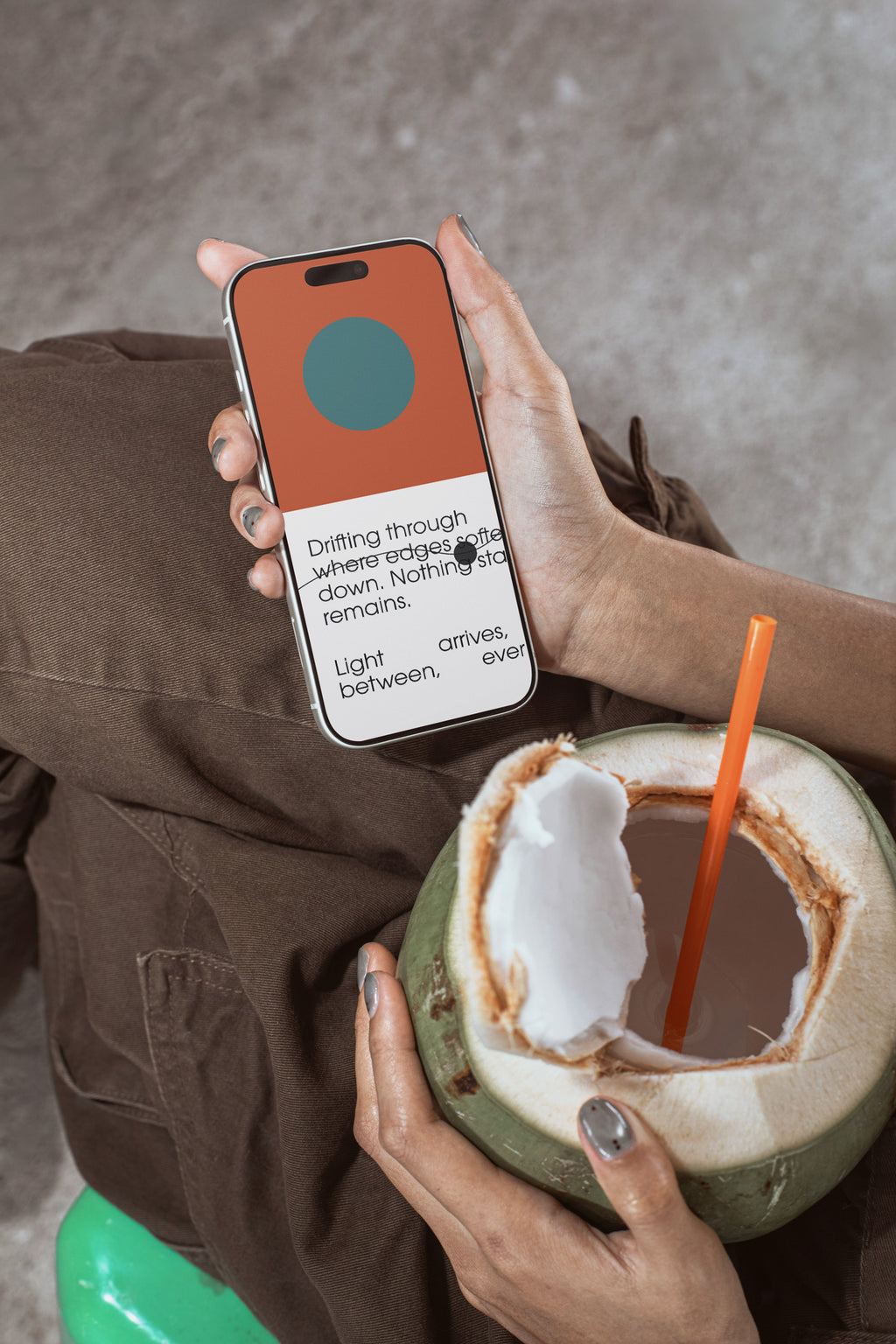 iPhone mockup held by hand while enjoying a fresh coconut. Built for showcasing app interfaces, branding, wallpapers, social media concepts, and digital presentations.