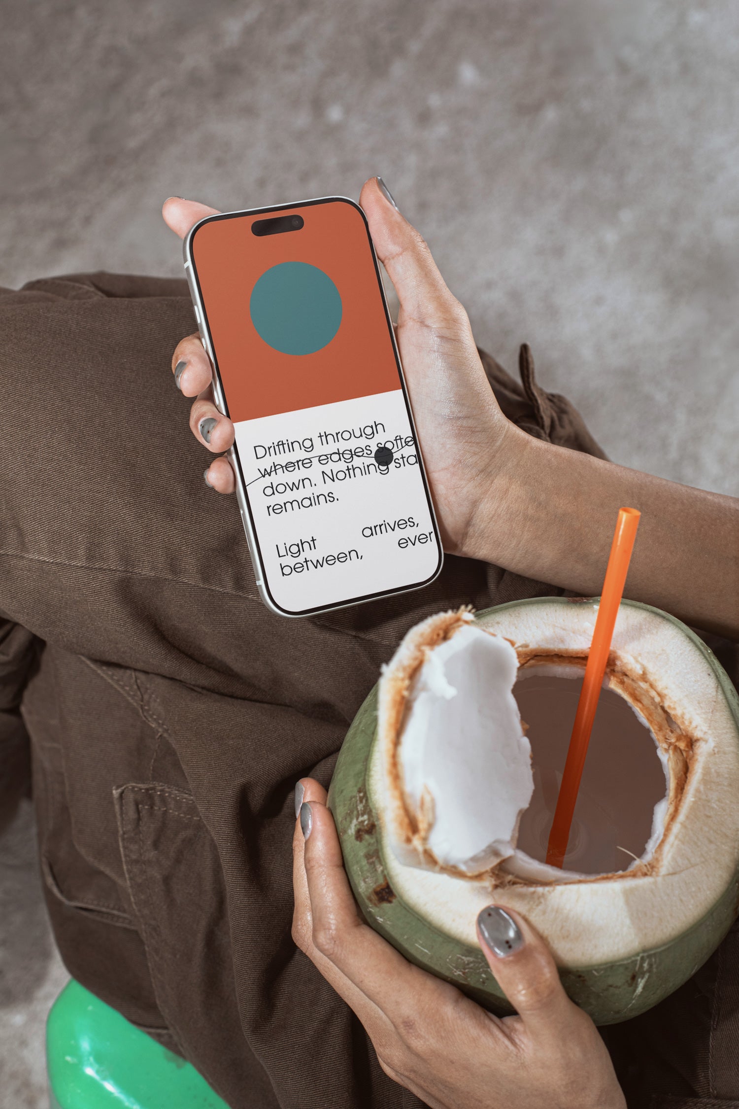 iPhone mockup held by hand while enjoying a fresh coconut. Built for showcasing app interfaces, branding, wallpapers, social media concepts, and digital presentations.