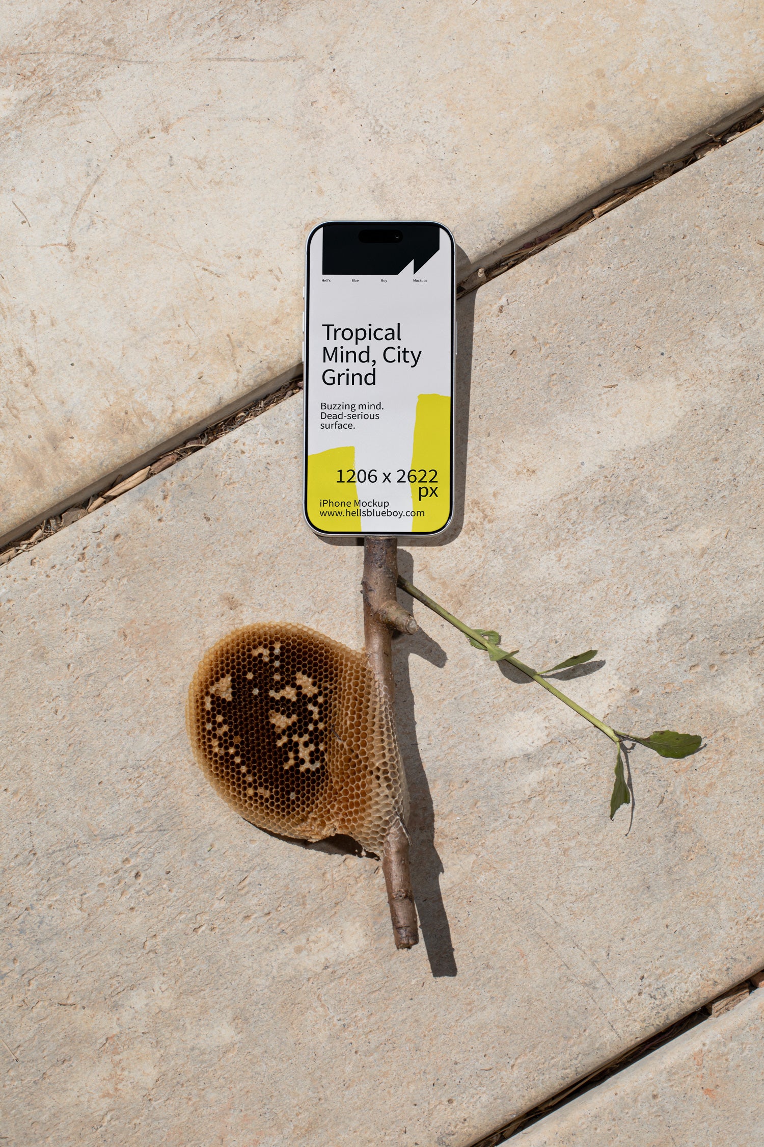 iPhone mockup lying on concrete plates with a wooden stick and honeycomb.