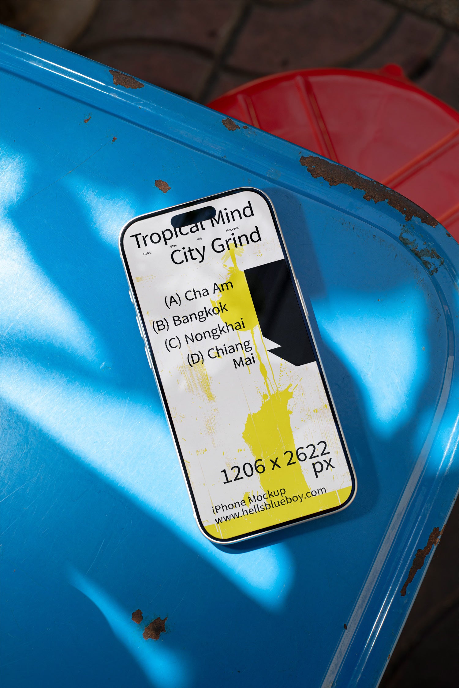 iPhone mockup placed on a blue metal chair.