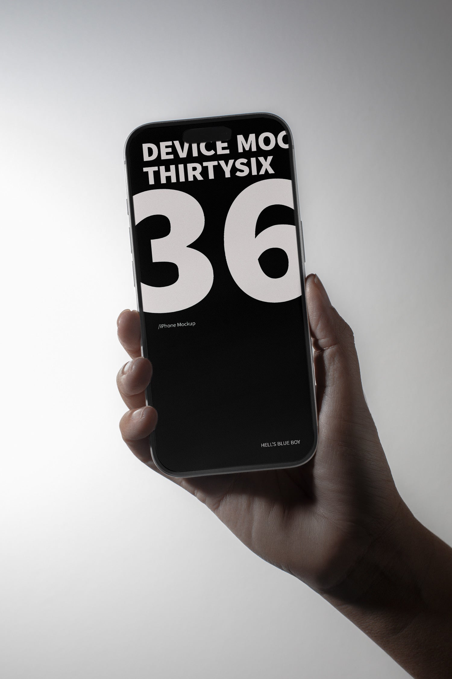 iPhone mockup held in hand against a light background.